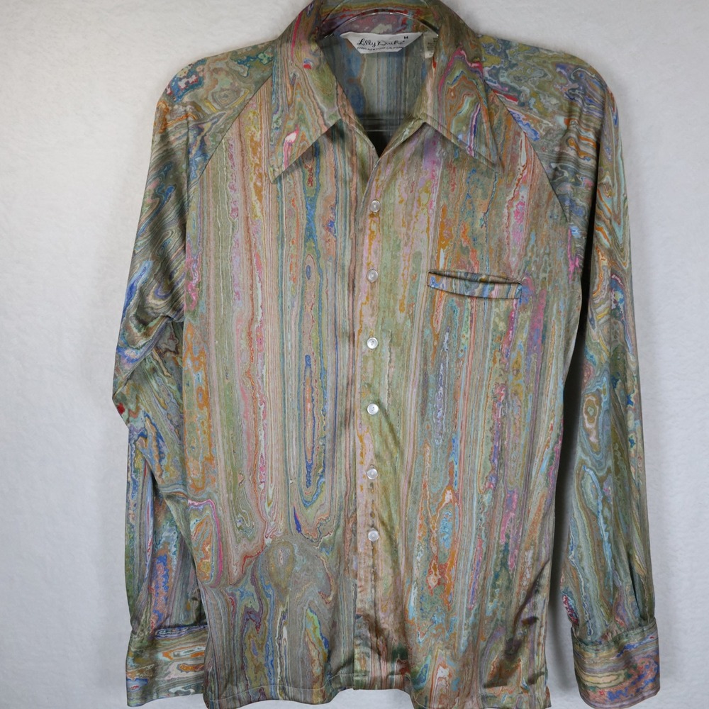 Vintage Lilly Dache Psychedelic Marble Print Nylon Button Down Shirt Medium